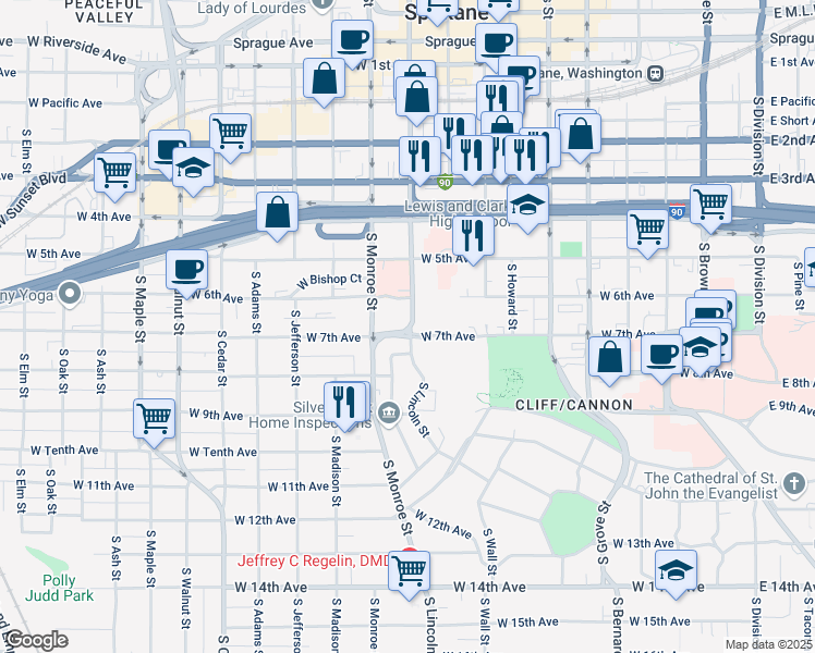 map of restaurants, bars, coffee shops, grocery stores, and more near 705 South Lincoln Street in Spokane