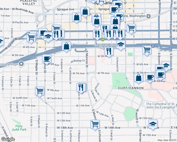 map of restaurants, bars, coffee shops, grocery stores, and more near 716 South Lincoln Place in Spokane
