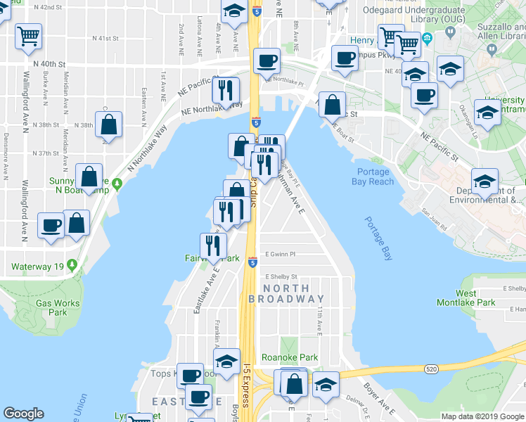 map of restaurants, bars, coffee shops, grocery stores, and more near 3108 Franklin Avenue East in Seattle