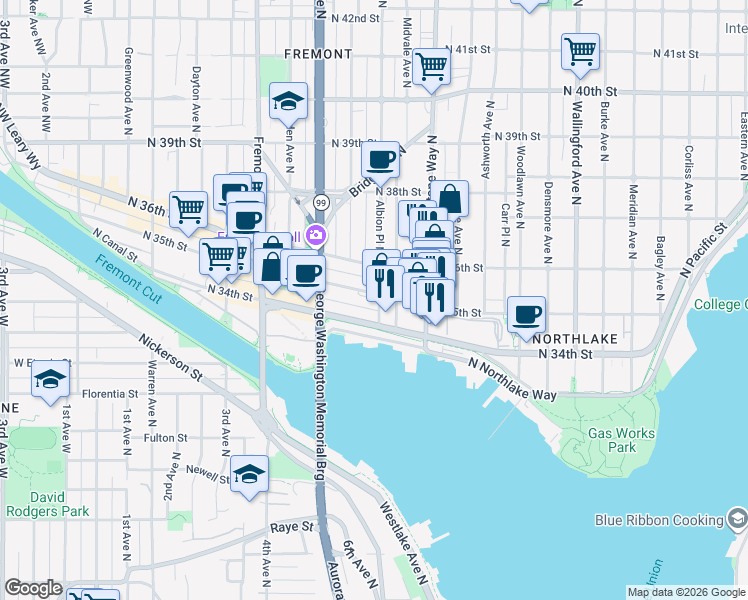 map of restaurants, bars, coffee shops, grocery stores, and more near 1050 North 34th Street in Seattle