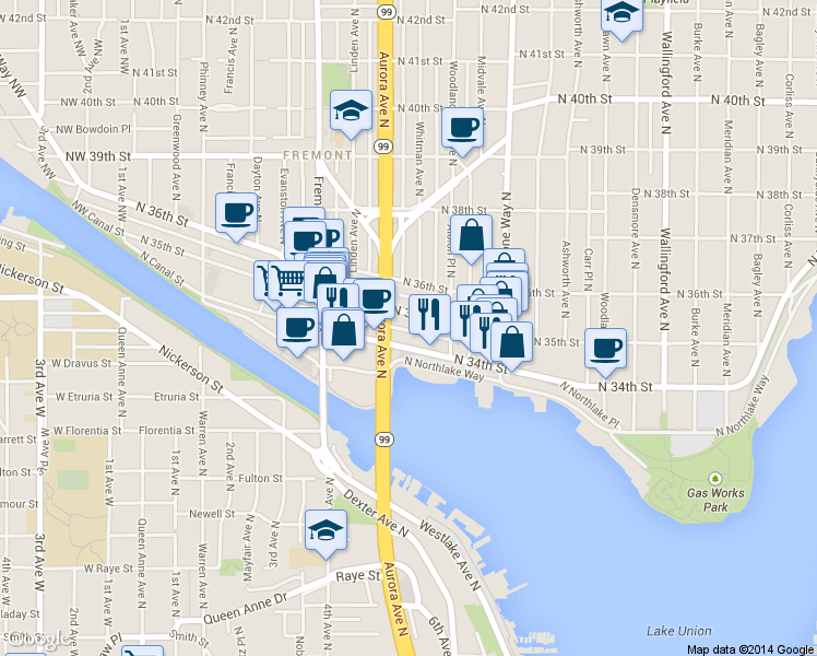 map of restaurants, bars, coffee shops, grocery stores, and more near 920 J.P. Patches Place in Seattle