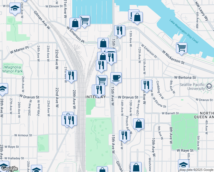map of restaurants, bars, coffee shops, grocery stores, and more near 3216 16th Avenue West in Seattle