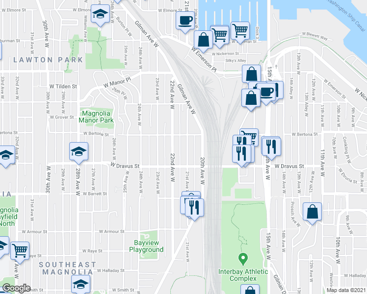 map of restaurants, bars, coffee shops, grocery stores, and more near 3217 21st Avenue West in Seattle