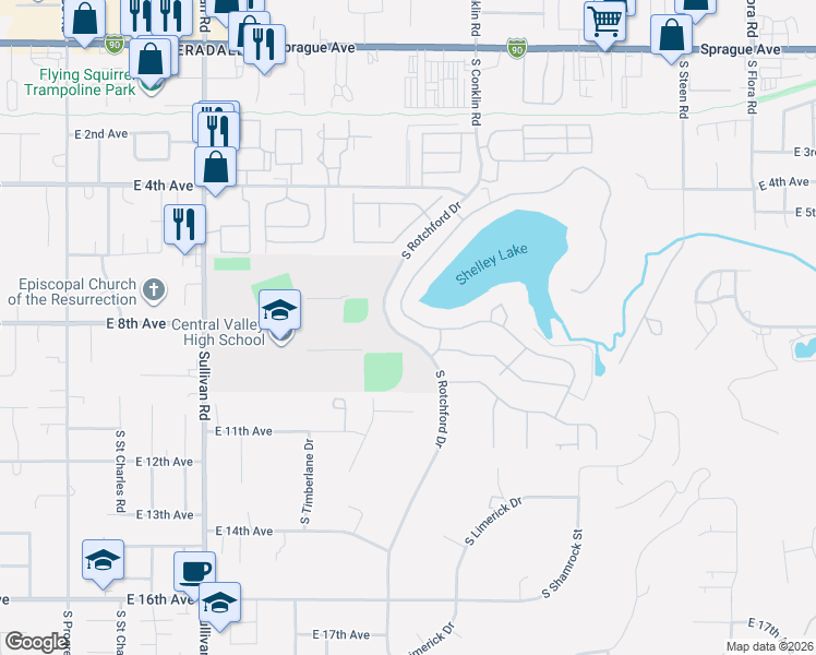 map of restaurants, bars, coffee shops, grocery stores, and more near 810 South Shelley Lake Lane in Spokane Valley