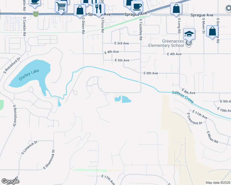 map of restaurants, bars, coffee shops, grocery stores, and more near 17327 East 8th Avenue in Spokane Valley