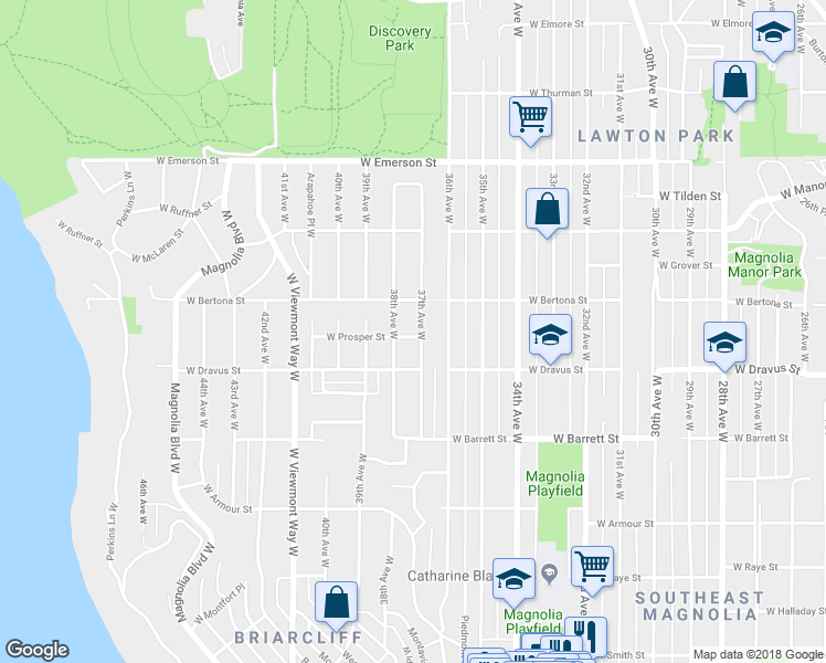 map of restaurants, bars, coffee shops, grocery stores, and more near 3303 37th Avenue West in Seattle