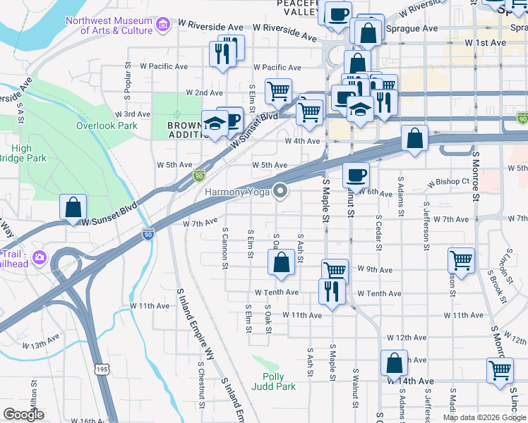 map of restaurants, bars, coffee shops, grocery stores, and more near 1818 West 7th Avenue in Spokane