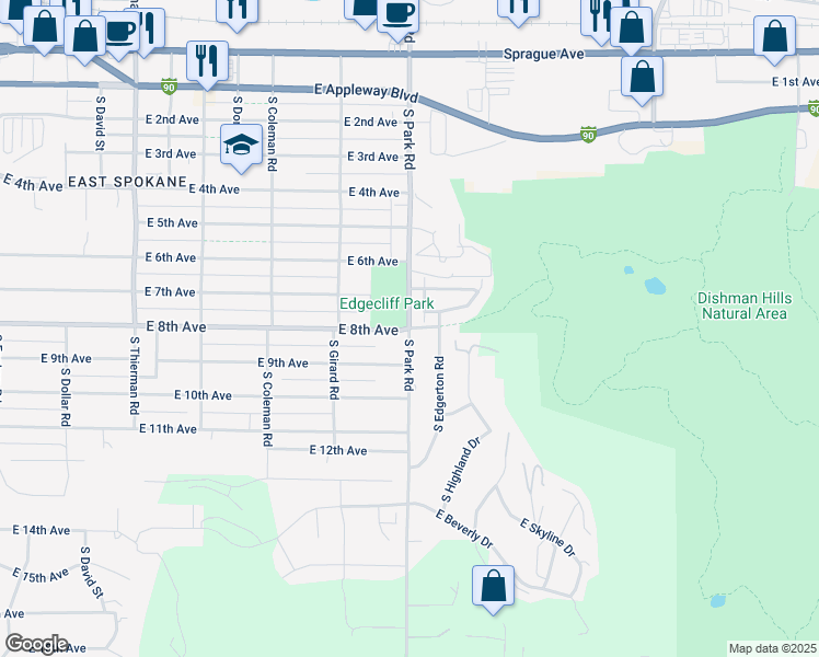 map of restaurants, bars, coffee shops, grocery stores, and more near 800 South Park Road in Spokane Valley