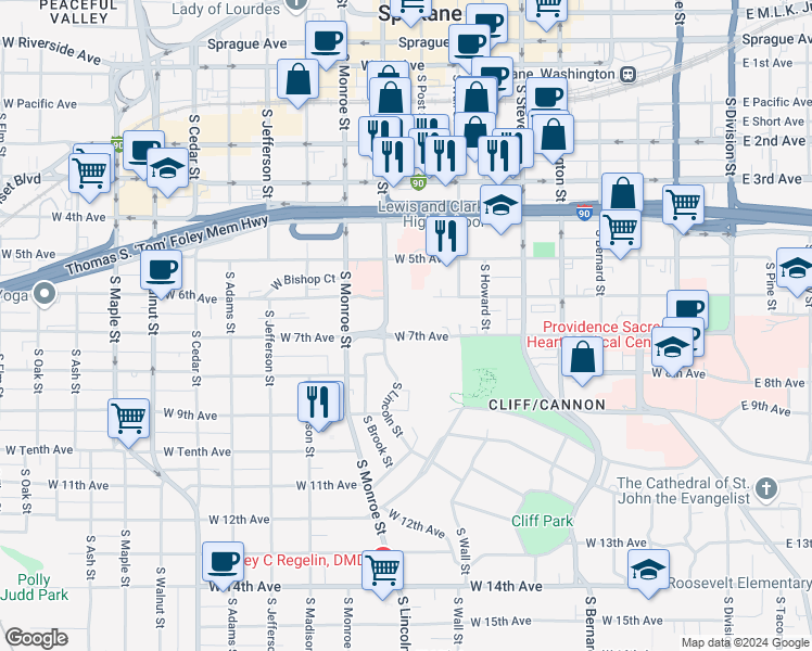 map of restaurants, bars, coffee shops, grocery stores, and more near 820 West 7th Avenue in Spokane