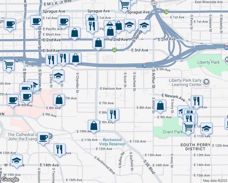 map of restaurants, bars, coffee shops, grocery stores, and more near 740 South Hatch Street in Spokane