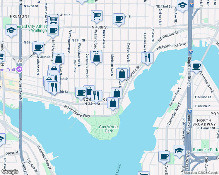map of restaurants, bars, coffee shops, grocery stores, and more near 3465 Meridian Avenue North in Seattle