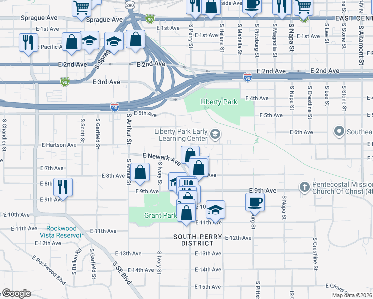 map of restaurants, bars, coffee shops, grocery stores, and more near 668 South Perry Street in Spokane