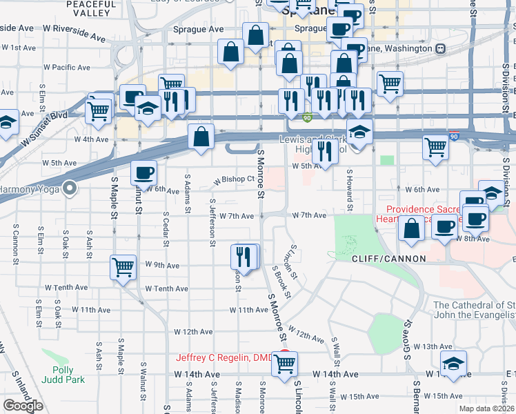 map of restaurants, bars, coffee shops, grocery stores, and more near 716 South Lincoln Place in Spokane