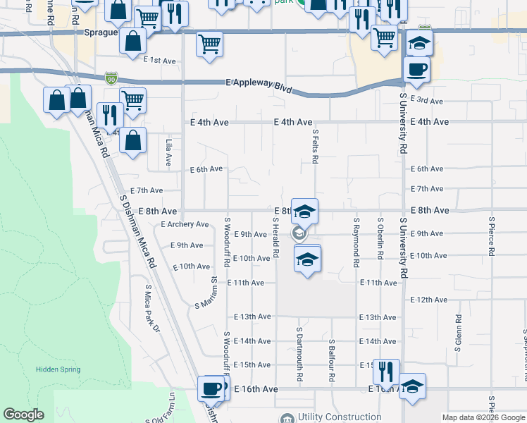 map of restaurants, bars, coffee shops, grocery stores, and more near 10013 East 9th Avenue in Spokane Valley