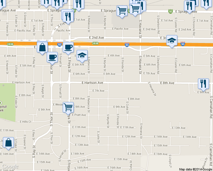 map of restaurants, bars, coffee shops, grocery stores, and more near 3916 East 7th Avenue in Spokane