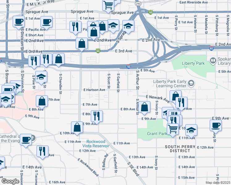 map of restaurants, bars, coffee shops, grocery stores, and more near 729 South Scott Street in Spokane