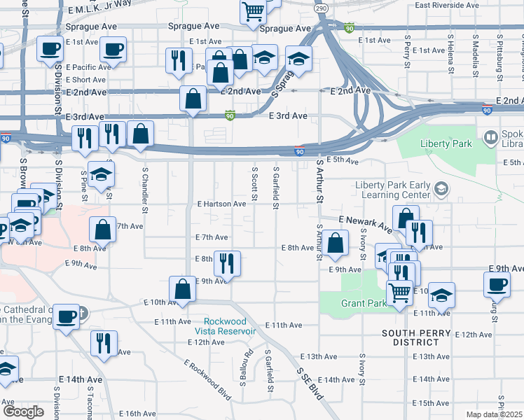 map of restaurants, bars, coffee shops, grocery stores, and more near 729 South Scott Street in Spokane