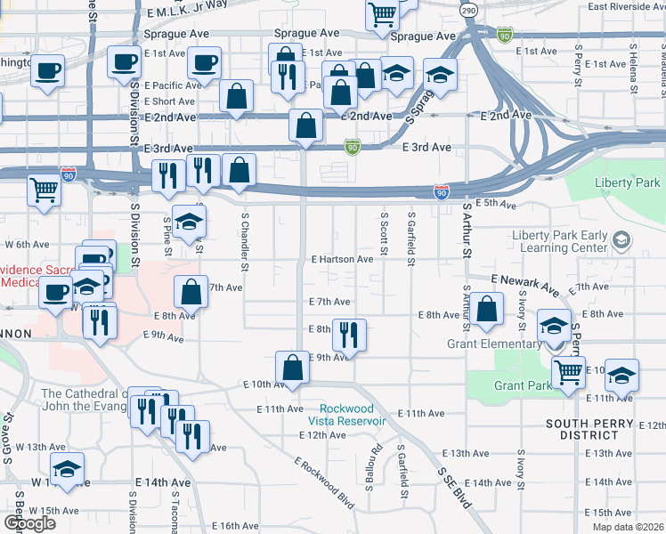 map of restaurants, bars, coffee shops, grocery stores, and more near 601 East 7th Avenue in Spokane