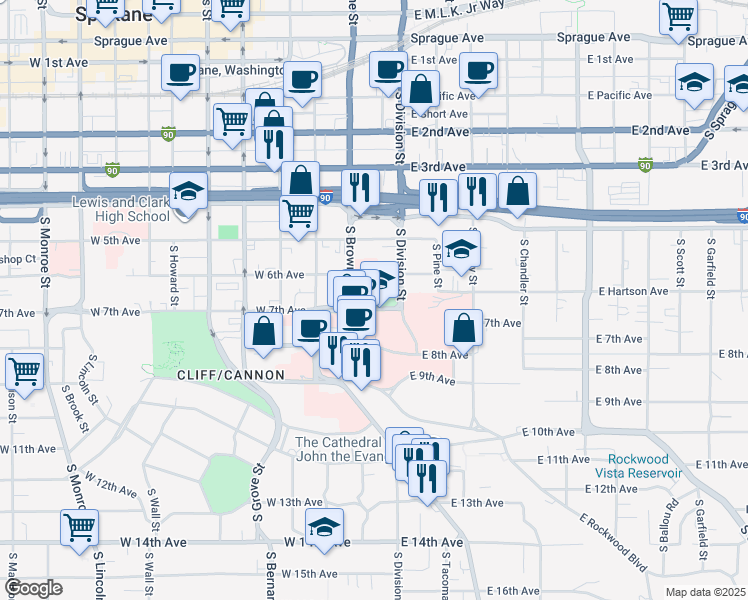 map of restaurants, bars, coffee shops, grocery stores, and more near 101 West 8th Avenue in Spokane