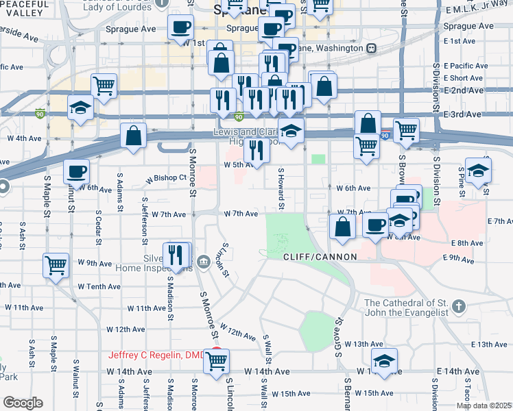 map of restaurants, bars, coffee shops, grocery stores, and more near 707 West 7th Avenue in Spokane