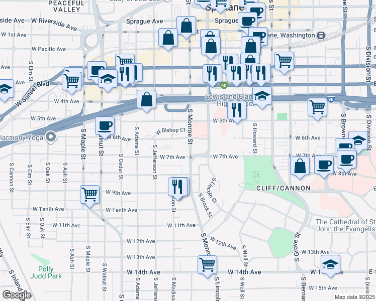 map of restaurants, bars, coffee shops, grocery stores, and more near 716 South Lincoln Place in Spokane