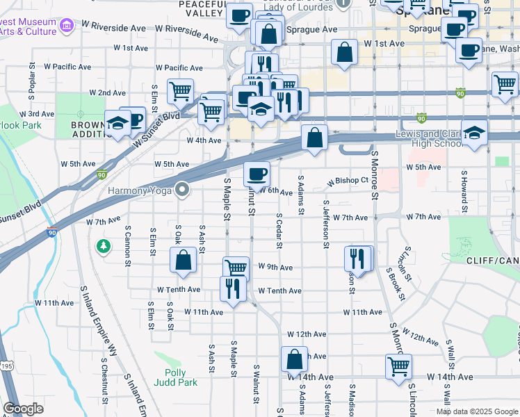 map of restaurants, bars, coffee shops, grocery stores, and more near 1419 West 7th Avenue in Spokane