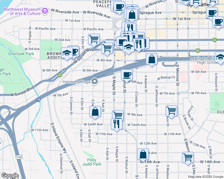 map of restaurants, bars, coffee shops, grocery stores, and more near 1617 West 7th Avenue in Spokane