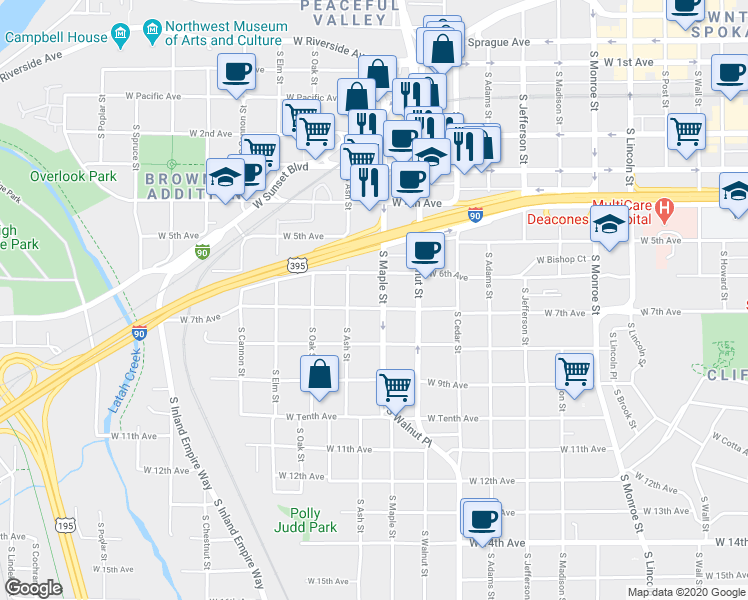 map of restaurants, bars, coffee shops, grocery stores, and more near 1617 West 7th Avenue in Spokane