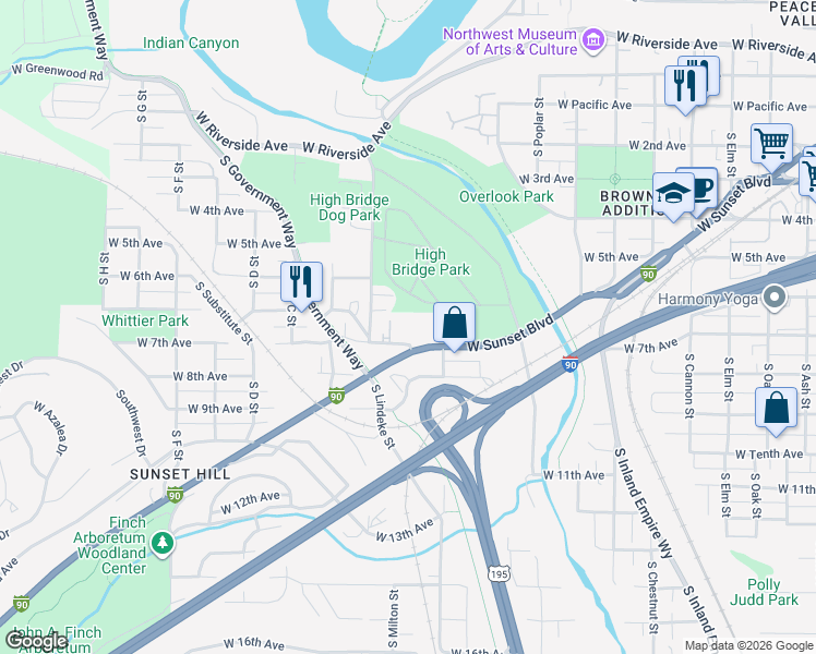 map of restaurants, bars, coffee shops, grocery stores, and more near 2805 West Sunset Boulevard in Spokane