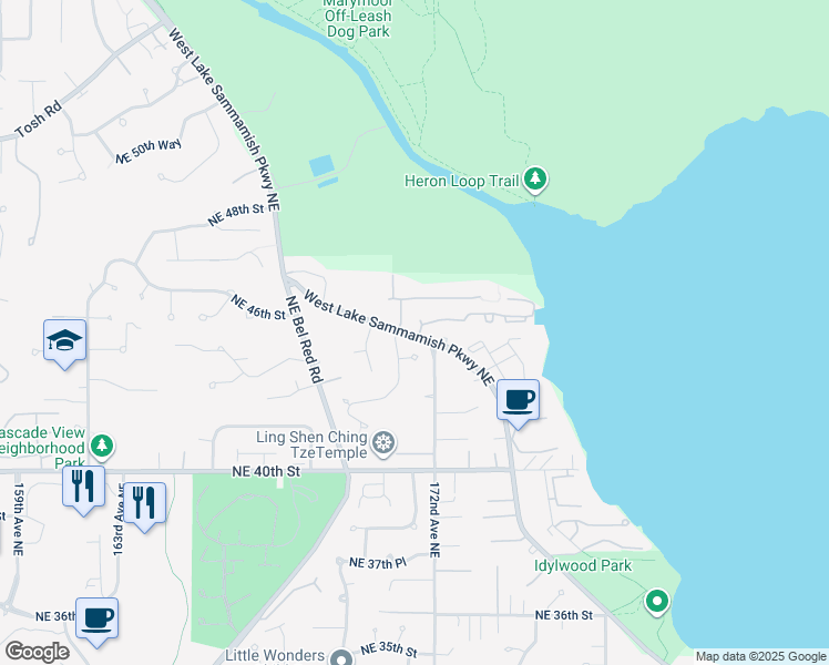 map of restaurants, bars, coffee shops, grocery stores, and more near 17105 Northeast 43rd Terrace in Redmond