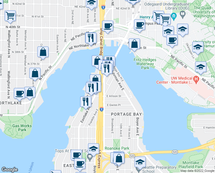 map of restaurants, bars, coffee shops, grocery stores, and more near 3108 Franklin Avenue East in Seattle