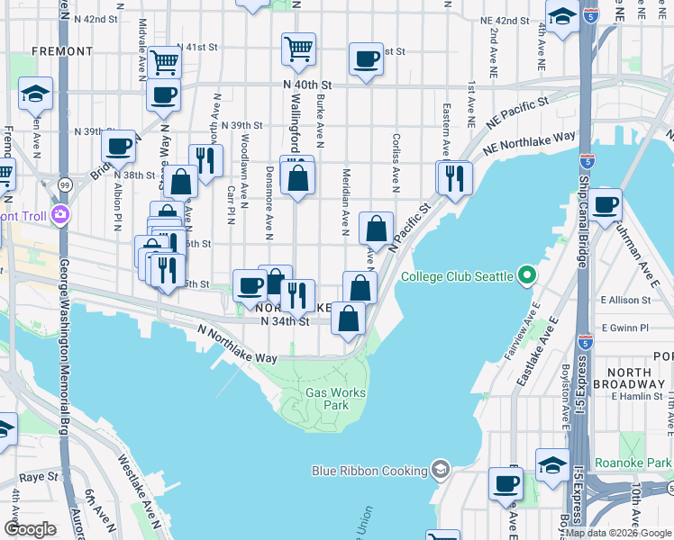 map of restaurants, bars, coffee shops, grocery stores, and more near 3465 Meridian Avenue North in Seattle
