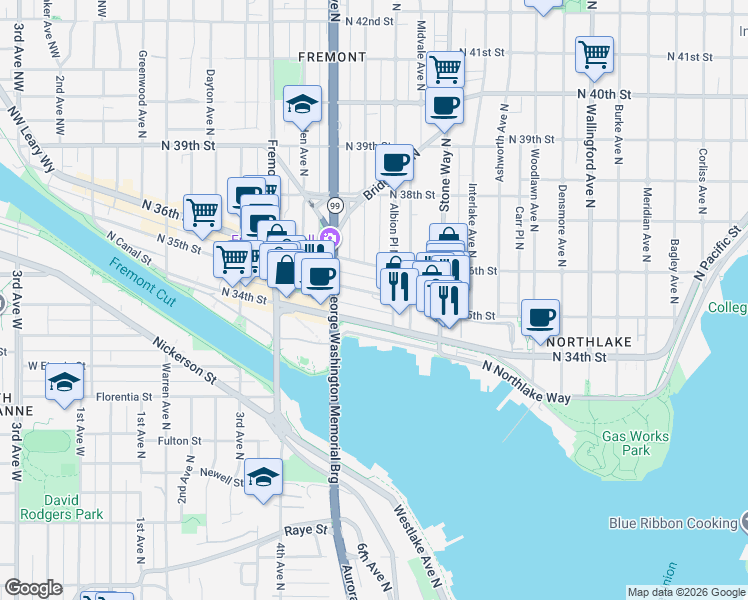 map of restaurants, bars, coffee shops, grocery stores, and more near 920 J.P. Patches Place in Seattle