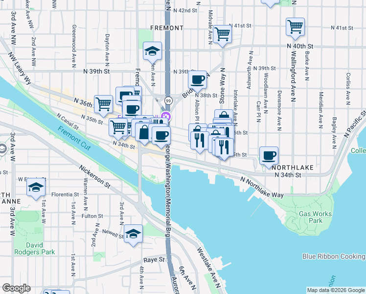 map of restaurants, bars, coffee shops, grocery stores, and more near 920 J.P. Patches Place in Seattle