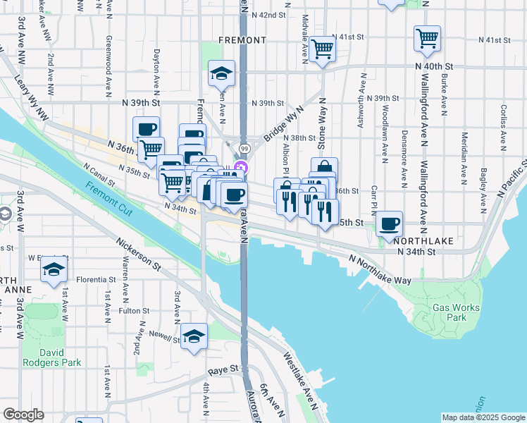map of restaurants, bars, coffee shops, grocery stores, and more near 920 J.P. Patches Place in Seattle