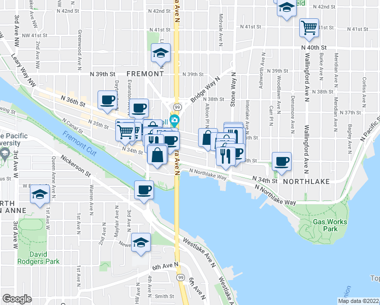 map of restaurants, bars, coffee shops, grocery stores, and more near 920 J.P. Patches Place in Seattle