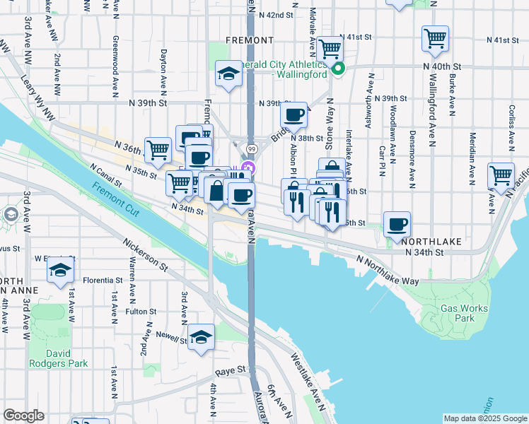 map of restaurants, bars, coffee shops, grocery stores, and more near 920 J.P. Patches Place in Seattle