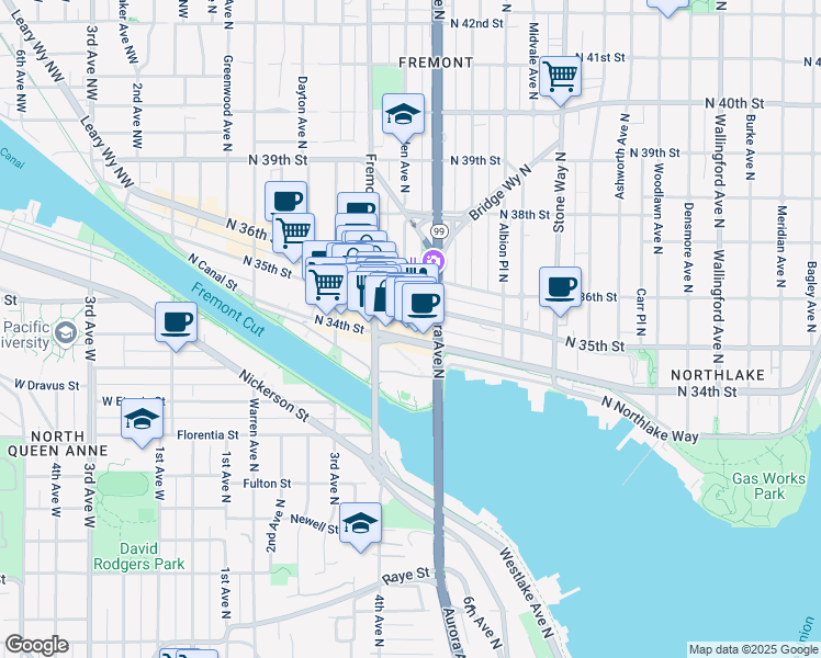 map of restaurants, bars, coffee shops, grocery stores, and more near 730 North 34th Street in Seattle