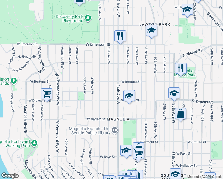 map of restaurants, bars, coffee shops, grocery stores, and more near 3408 West Dravus Street in Seattle
