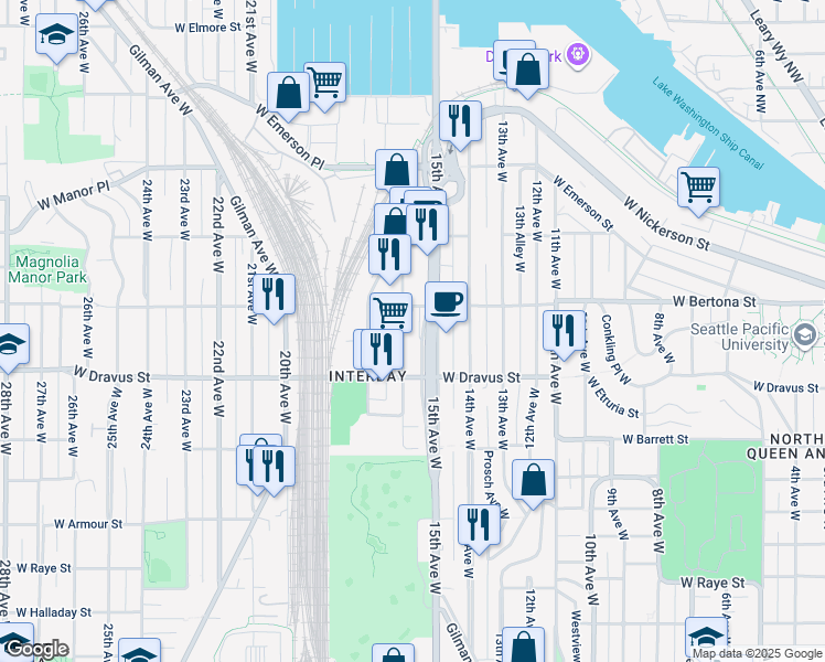 map of restaurants, bars, coffee shops, grocery stores, and more near 3230 16th Avenue West in Seattle