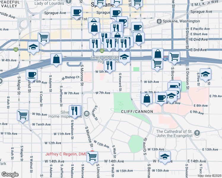 map of restaurants, bars, coffee shops, grocery stores, and more near 707 West 7th Avenue in Spokane
