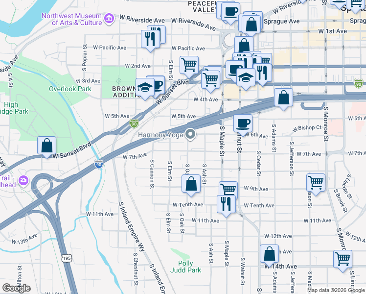 map of restaurants, bars, coffee shops, grocery stores, and more near 1823 West 7th Avenue in Spokane