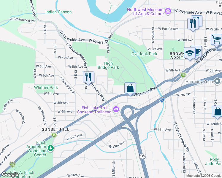 map of restaurants, bars, coffee shops, grocery stores, and more near in Spokane