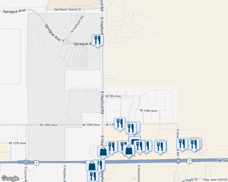 map of restaurants, bars, coffee shops, grocery stores, and more near 10705 West 9th Avenue in Airway Heights