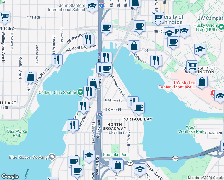 map of restaurants, bars, coffee shops, grocery stores, and more near 902 East Allison Street in Seattle