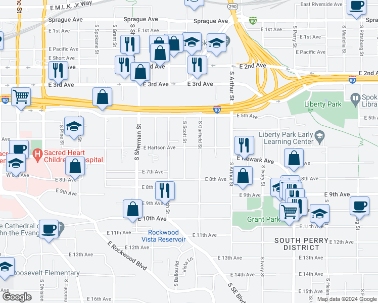 map of restaurants, bars, coffee shops, grocery stores, and more near 707 South Scott Street in Spokane