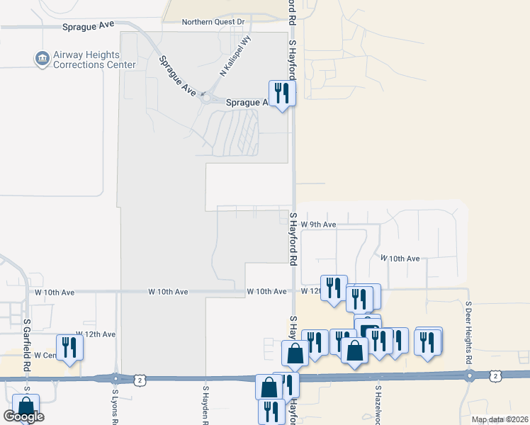 map of restaurants, bars, coffee shops, grocery stores, and more near 10913 West 6th Avenue in Airway Heights
