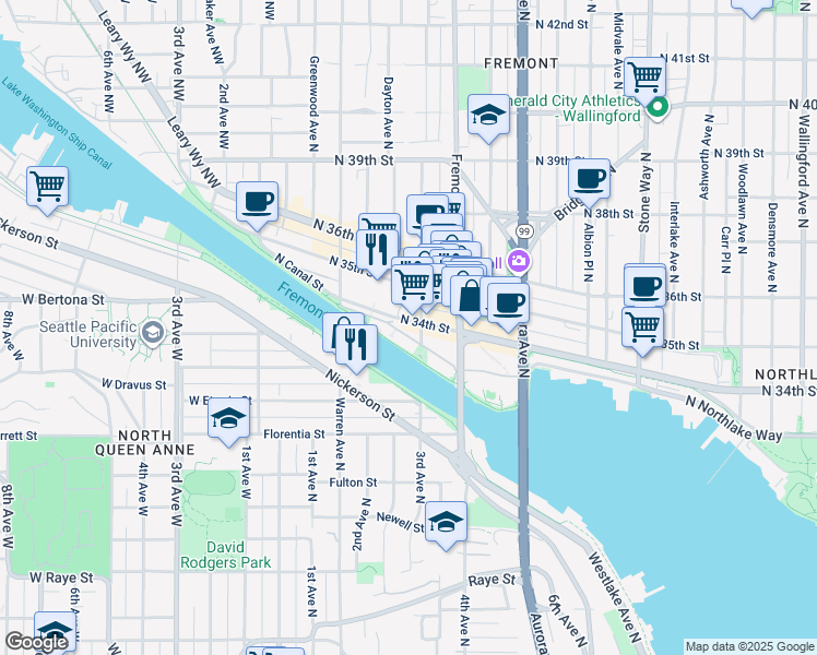 map of restaurants, bars, coffee shops, grocery stores, and more near 551 North 34th Street in Seattle