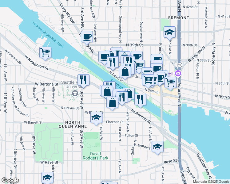 map of restaurants, bars, coffee shops, grocery stores, and more near 6 Nickerson Street in Seattle