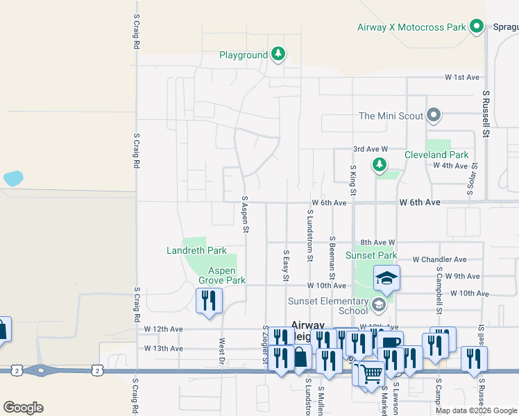 map of restaurants, bars, coffee shops, grocery stores, and more near 739 South Ziegler Street in Airway Heights
